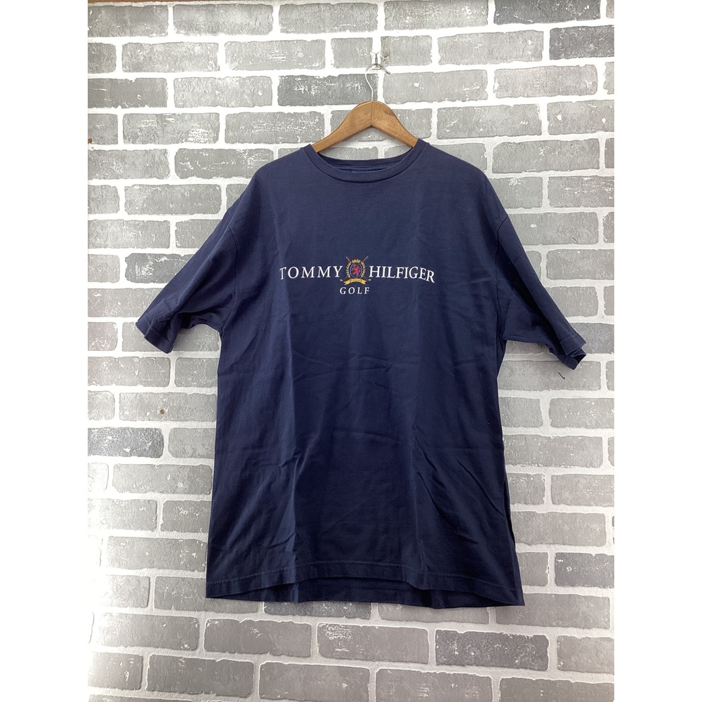 Vintage Tommy Hilfiger Golf T Shirt Mens Large Navy Blue Made in USA 90s Crest